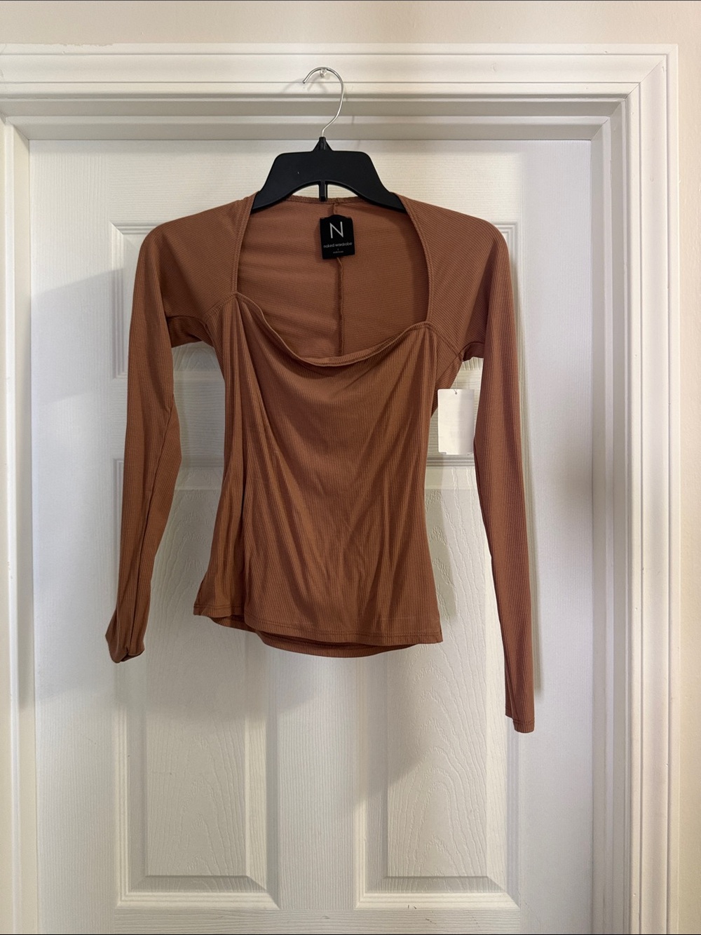 naked wardrobe Rust-Brown Long Sleeve Drape Neck Top